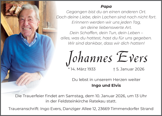 Traueranzeige von Johannes Evers von Lübecker Nachrichten
