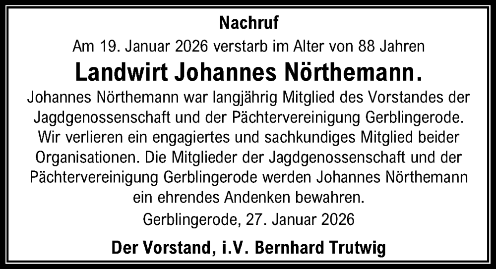  Traueranzeige für Johannes Nörthemann vom 28.01.2026 aus Eichsfelder Tageblatt
