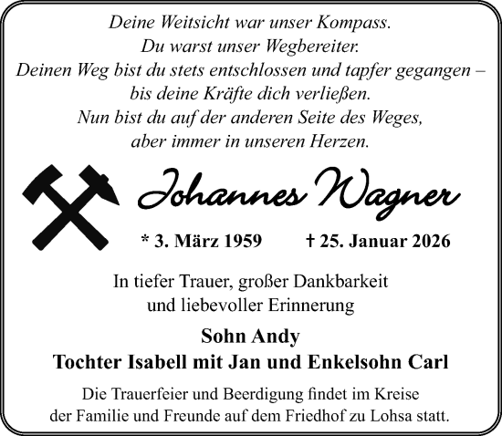 Traueranzeige von Johannes Wagner von Sächsische Zeitung