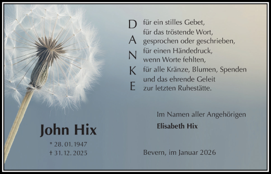 Traueranzeige von John Hix von Täglicher Anzeiger Holzminden