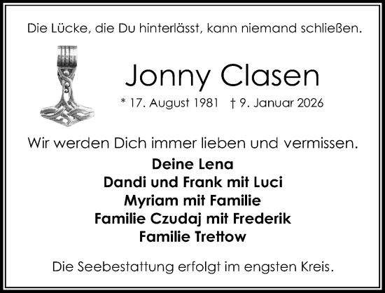 Traueranzeige von Jonny Clasen von Lübecker Nachrichten