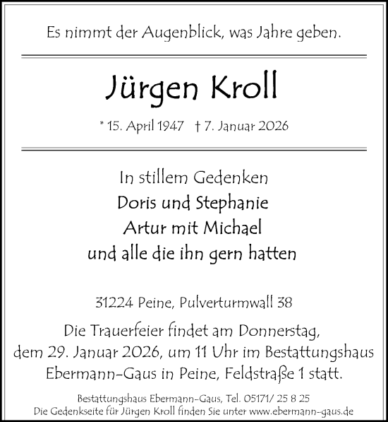 Traueranzeige von Jürgen Kroll von Peiner Allgemeine Zeitung