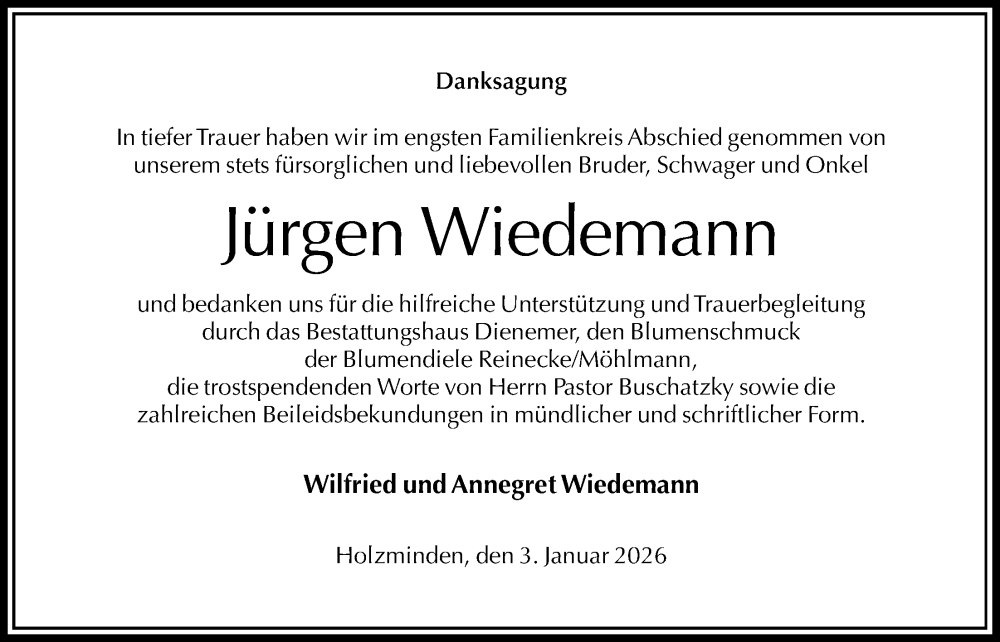  Traueranzeige für Jürgen Wiedemann vom 03.01.2026 aus Täglicher Anzeiger Holzminden