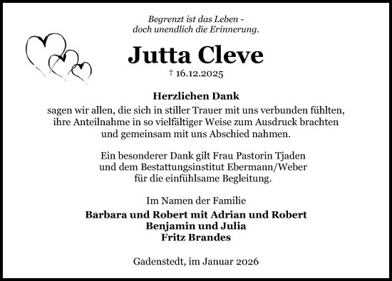 Traueranzeige von Jutta Cleve von Peiner Allgemeine Zeitung