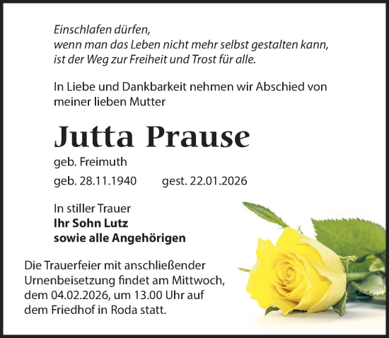 Traueranzeige von Jutta Prause von Leipziger Volkszeitung