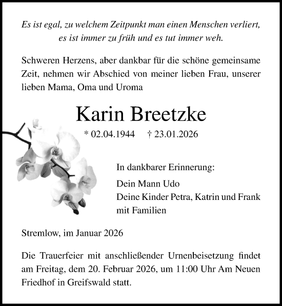 Traueranzeige von Karin Breetzke von Ostsee-Zeitung GmbH