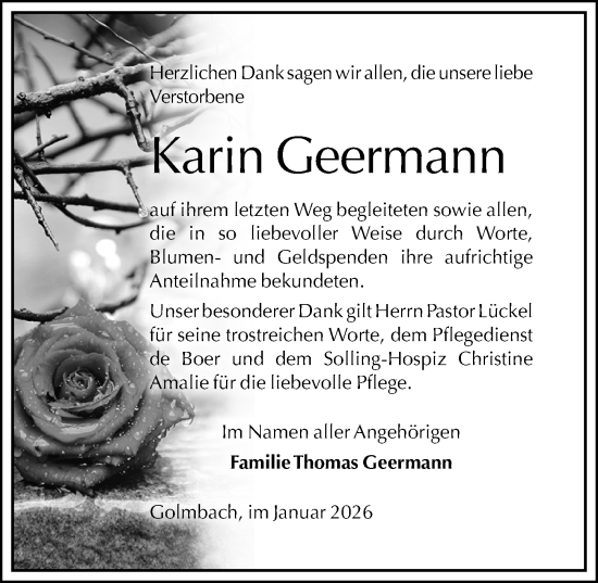Traueranzeige von Karin Geermann von Täglicher Anzeiger Holzminden