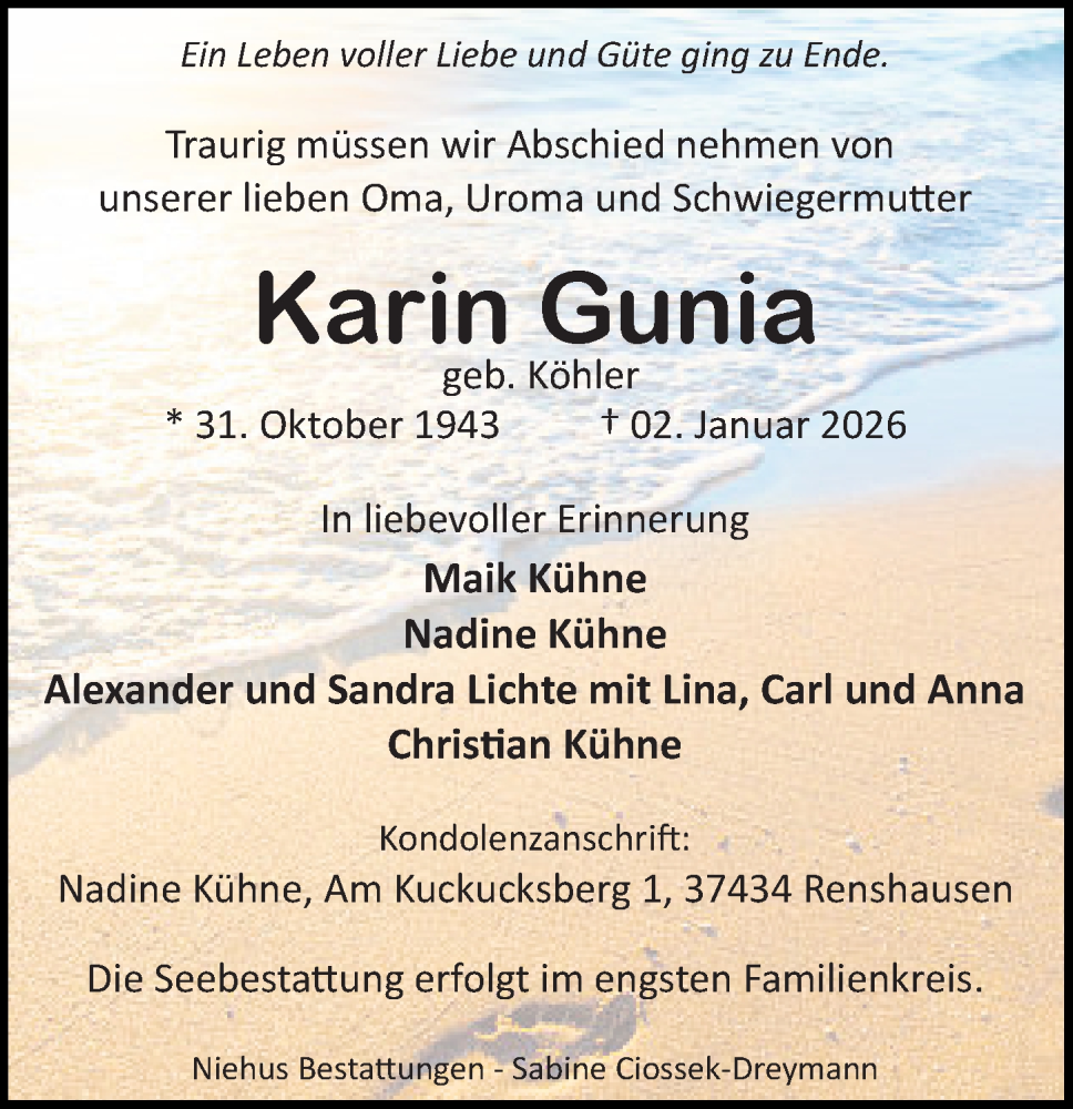  Traueranzeige für Karin Gunia vom 10.01.2026 aus Göttinger Tageblatt