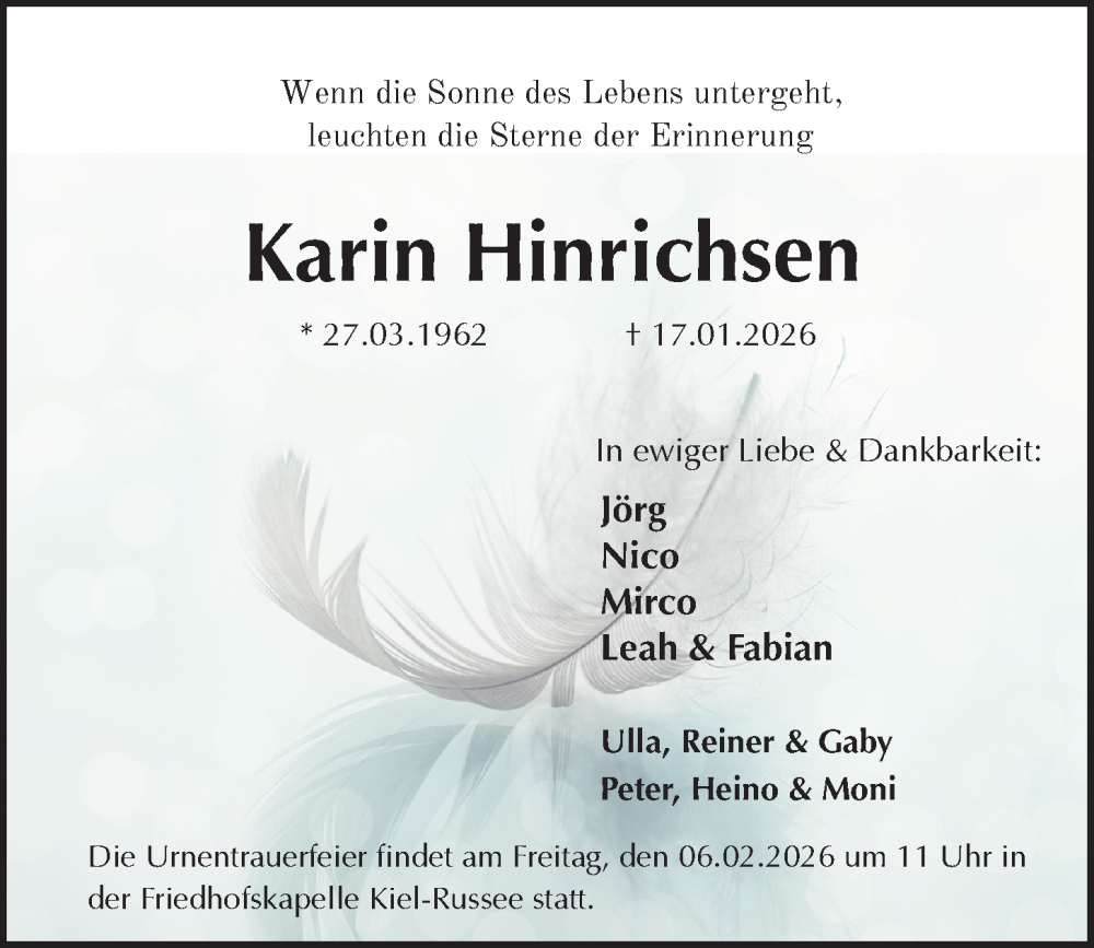  Traueranzeige für Karin Hinrichsen vom 24.01.2026 aus Kieler Nachrichten