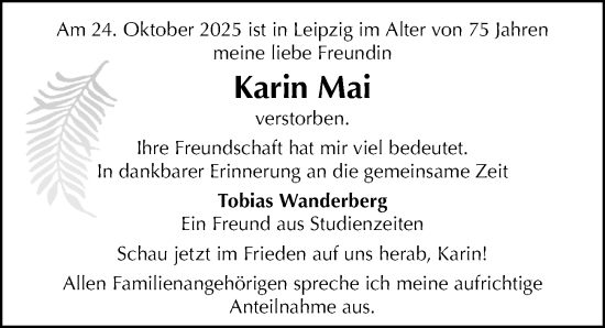 Traueranzeige von Karin Mai von Leipziger Volkszeitung