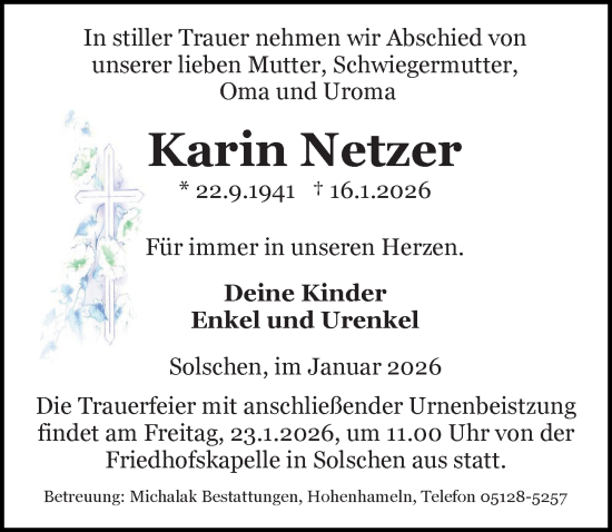 Traueranzeige von Karin Netzer von Peiner Allgemeine Zeitung