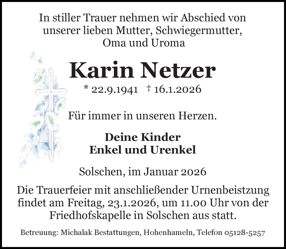  Traueranzeige für Karin Netzer vom 21.01.2026 aus Peiner Allgemeine Zeitung