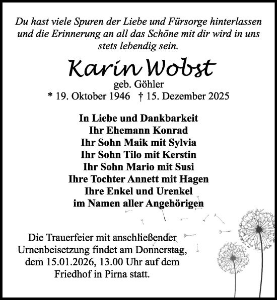 Traueranzeige von Karin Wobst von Sächsische Zeitung