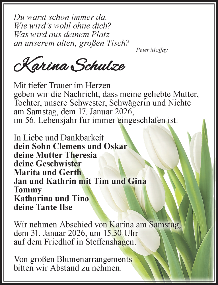  Traueranzeige für Karina Schulze vom 24.01.2026 aus Wochenspiegel