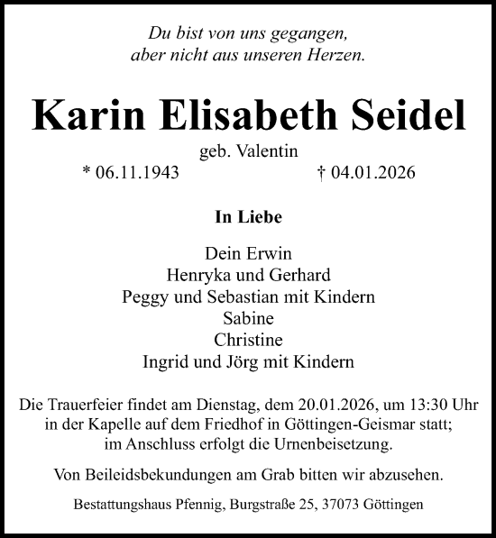 Traueranzeige von Karin Elisabeth Seidel von Göttinger Tageblatt