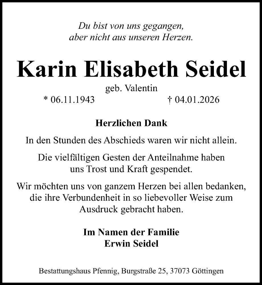  Traueranzeige für Karin Elisabeth Seidel vom 24.01.2026 aus Göttinger Tageblatt