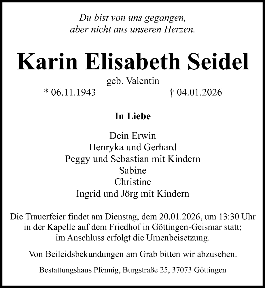  Traueranzeige für Karin Elisabeth Seidel vom 17.01.2026 aus Göttinger Tageblatt