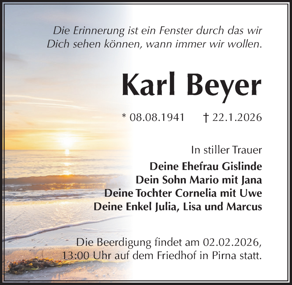  Traueranzeige für Karl Beyer vom 29.01.2026 aus Sächsische Zeitung