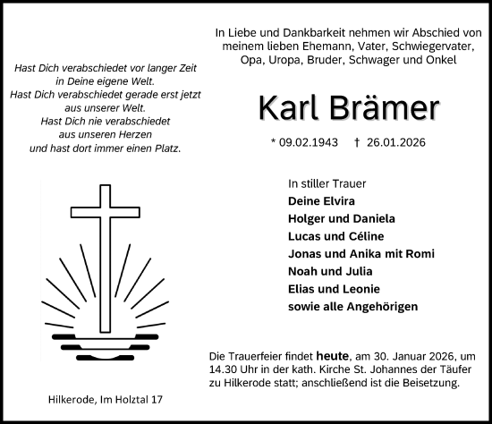 Traueranzeige von Karl Brämer von Eichsfelder Tageblatt