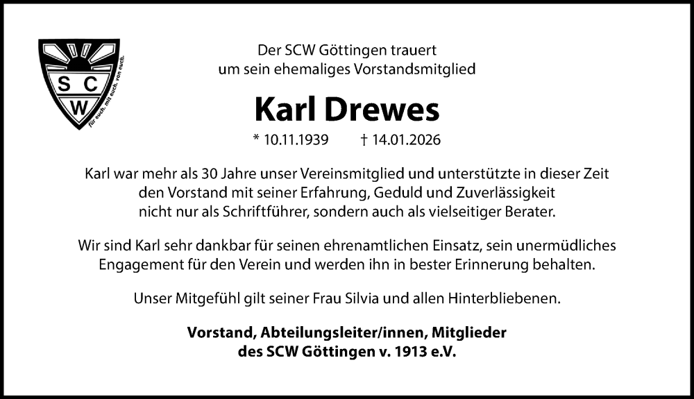  Traueranzeige für Karl Drewes vom 24.01.2026 aus Göttinger Tageblatt