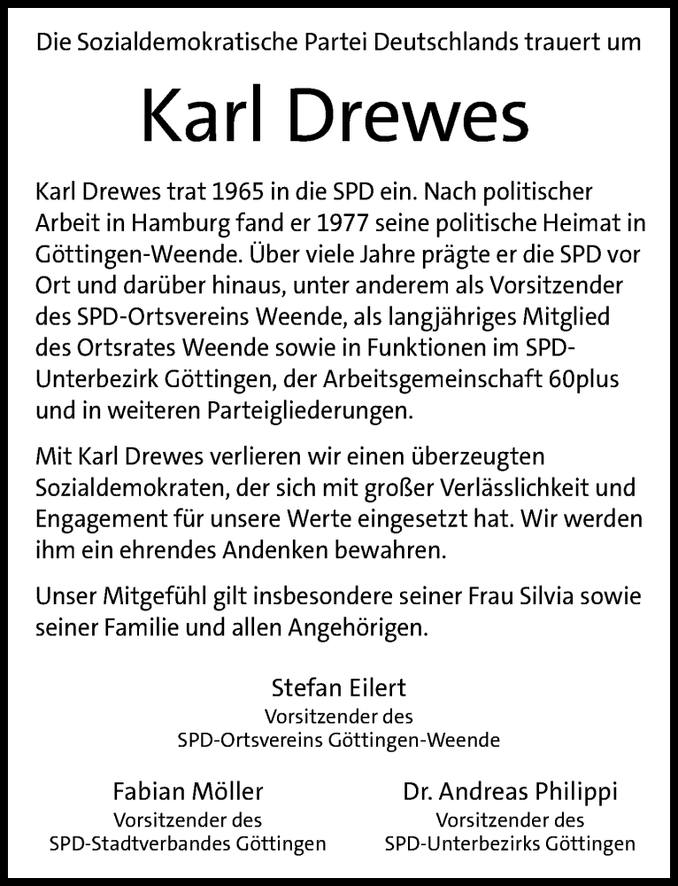  Traueranzeige für Karl Drewes vom 24.01.2026 aus Göttinger Tageblatt