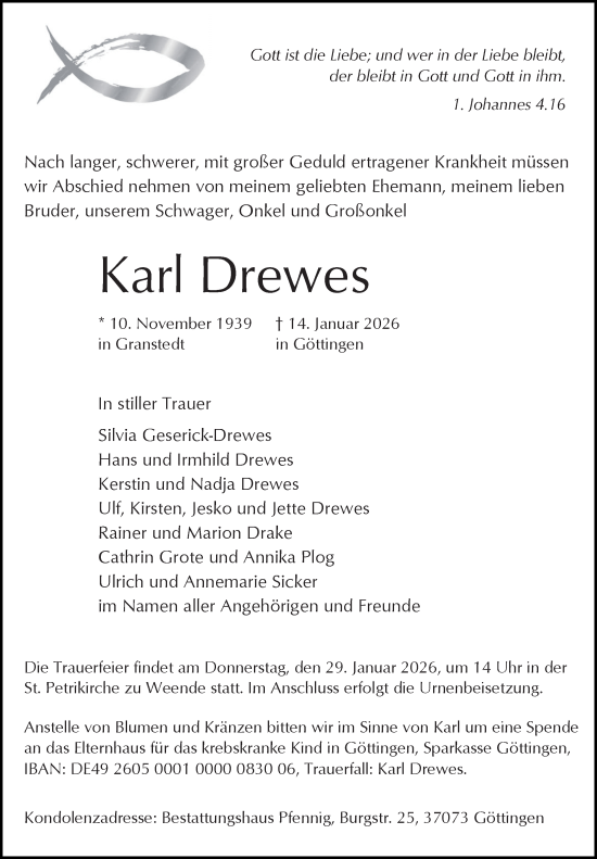 Traueranzeige von Karl Drewes von Göttinger Tageblatt