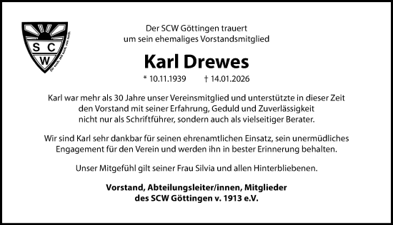 Traueranzeige von Karl Drewes von Göttinger Tageblatt