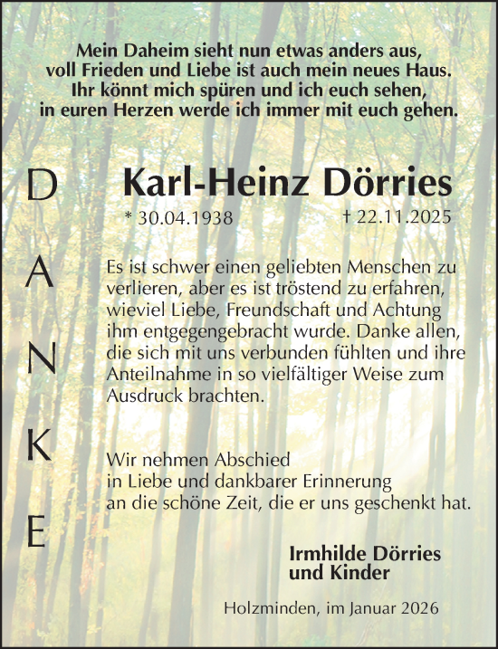 Traueranzeige von Karl-Heinz Dörries von Täglicher Anzeiger Holzminden