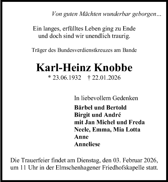 Traueranzeige von Karl-Heinz Knobbe von Kieler Nachrichten