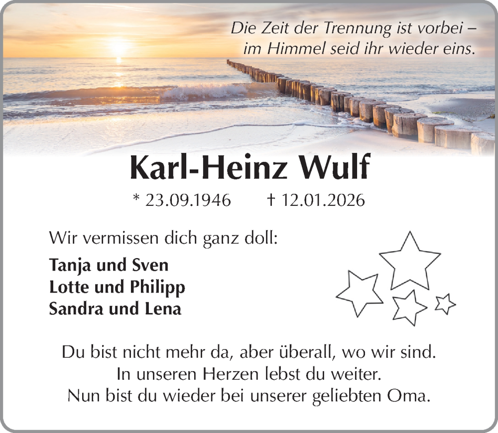  Traueranzeige für Karl-Heinz Wulf vom 18.01.2026 aus Lübecker Nachrichten