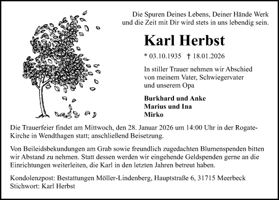 Traueranzeige von Karl Herbst von Schaumburger Nachrichten