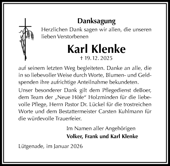 Traueranzeige von Karl Klenke von Täglicher Anzeiger Holzminden