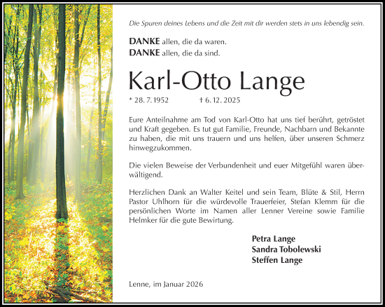 Traueranzeige von Karl-Otto Lange von Täglicher Anzeiger Holzminden