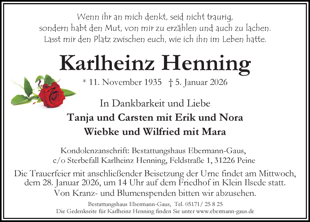  Traueranzeige für Karlheinz Henning vom 10.01.2026 aus Peiner Allgemeine Zeitung
