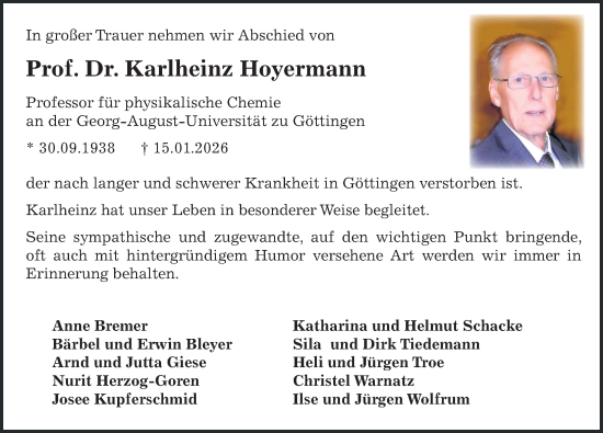 Traueranzeige von Karlheinz Hoyermann von Göttinger Tageblatt