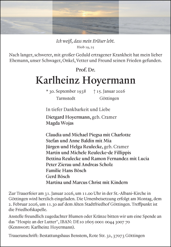 Traueranzeige von Karlheinz Hoyermann von Göttinger Tageblatt