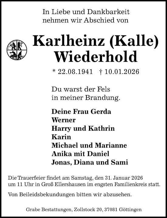Traueranzeige von Karlheinz Wiederhold von Göttinger Tageblatt