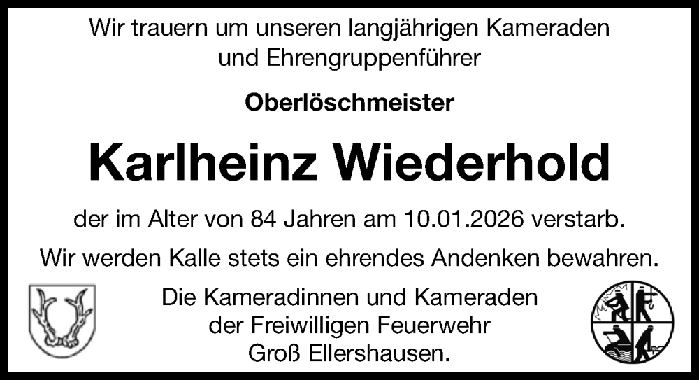  Traueranzeige für Karlheinz Wiederhold vom 24.01.2026 aus Göttinger Tageblatt