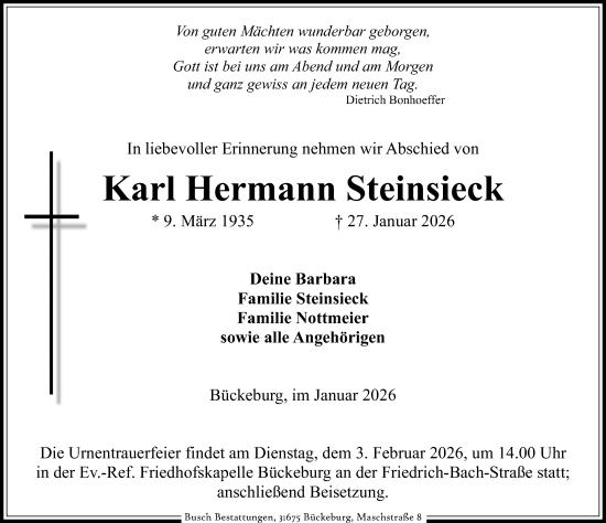 Traueranzeige von Karl Hermann Steinsieck von Schaumburger Nachrichten