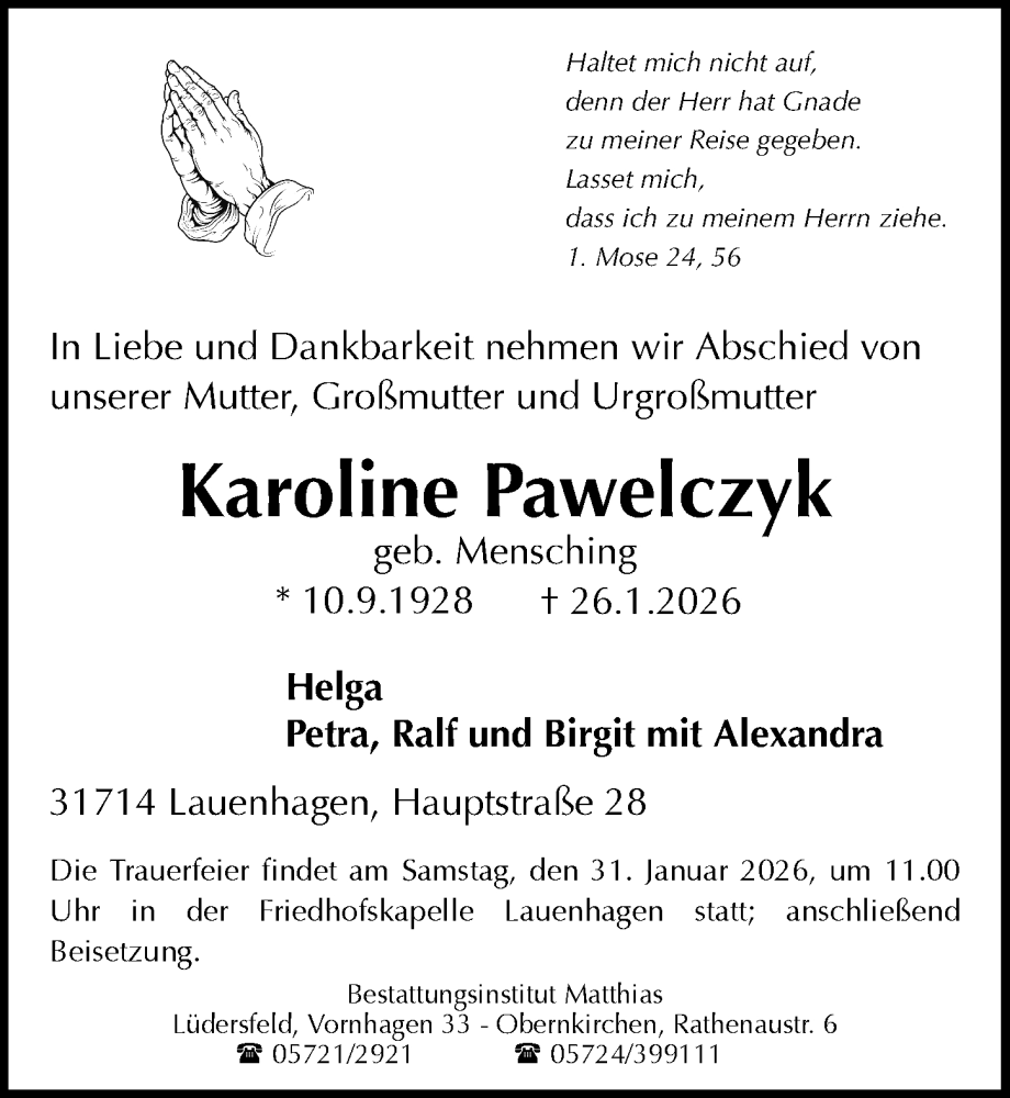  Traueranzeige für Karoline Pawelczyk vom 29.01.2026 aus Schaumburger Nachrichten