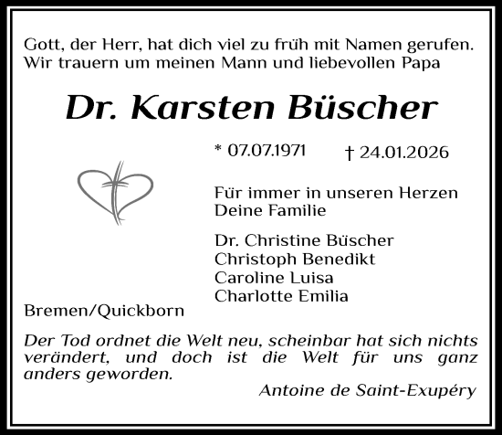 Traueranzeige von Dr. Karsten Büscher von Kieler Nachrichten