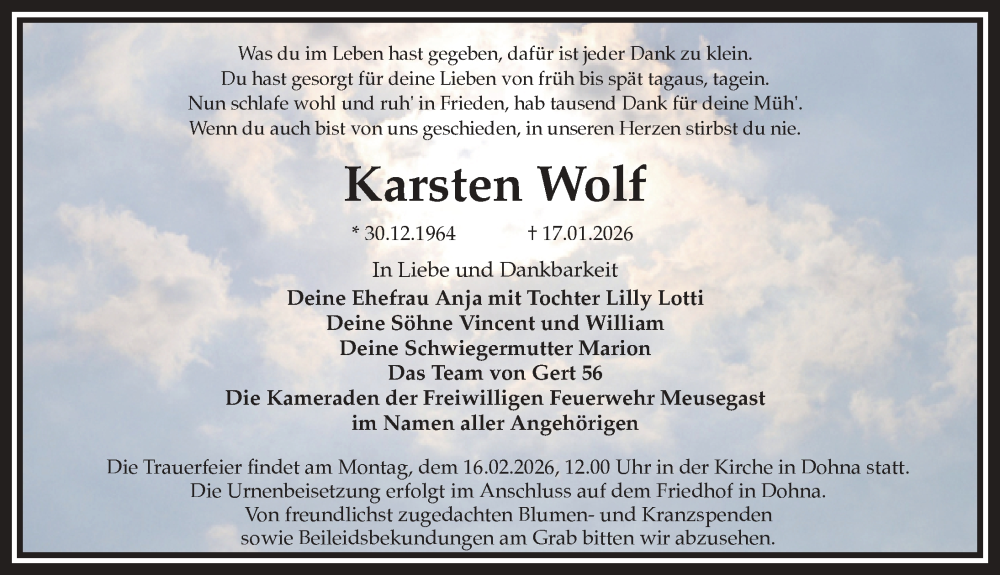  Traueranzeige für Karsten Wolf vom 31.01.2026 aus Sächsische Zeitung