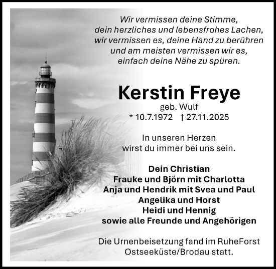 Traueranzeige von Kerstin Freye von Lübecker Nachrichten