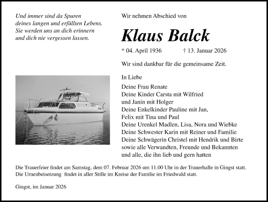 Traueranzeige von Klaus Balck von Ostsee-Zeitung GmbH