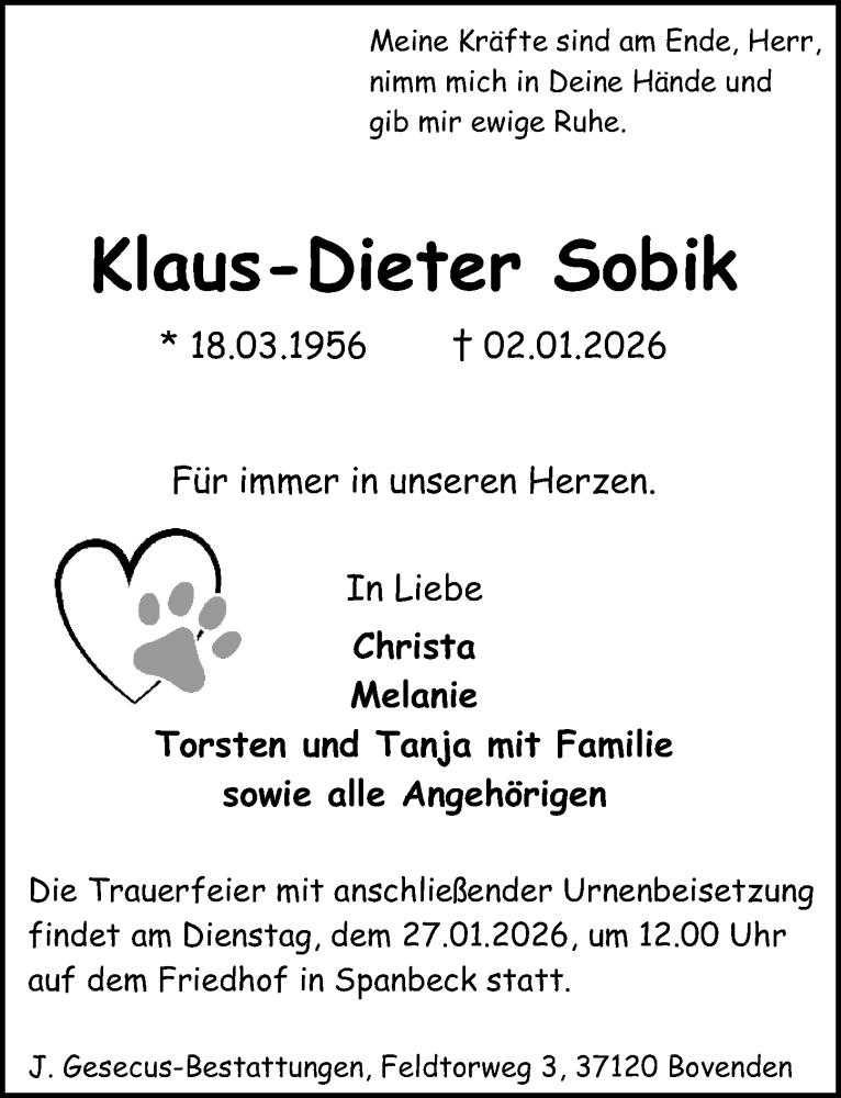  Traueranzeige für Klaus-Dieter Sobik vom 17.01.2026 aus Göttinger Tageblatt