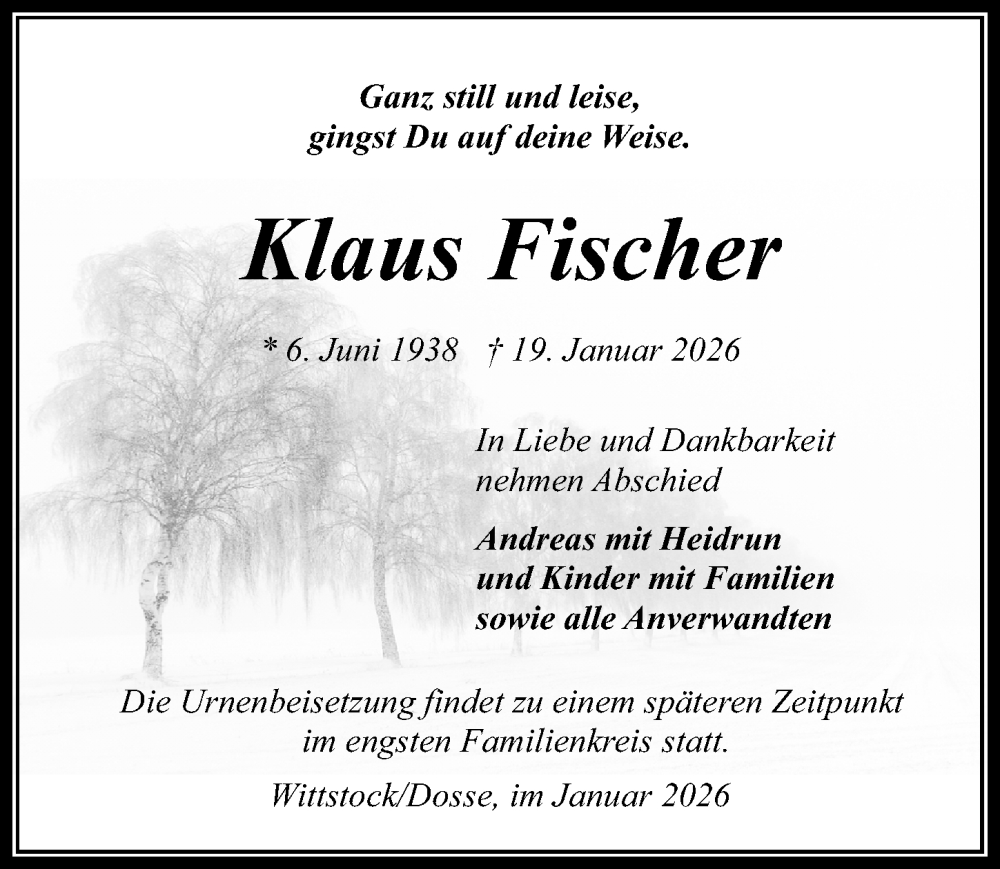  Traueranzeige für Klaus Fischer vom 31.01.2026 aus Wochenspiegel