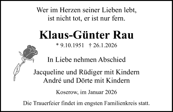 Traueranzeige von Klaus-Günter Rau von Ostsee-Zeitung GmbH