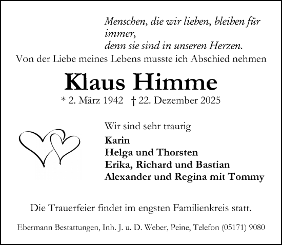 Traueranzeige von Klaus Himme von Peiner Allgemeine Zeitung