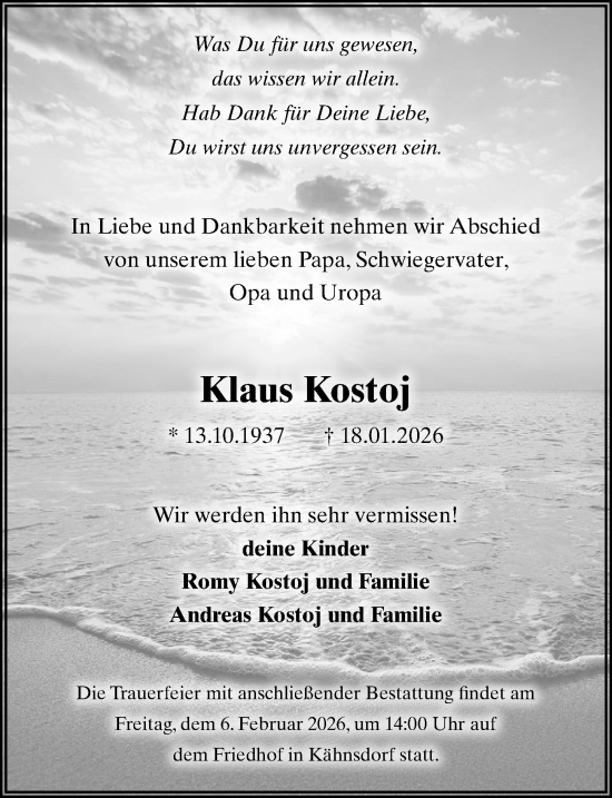 Traueranzeige von Klaus Kostoj von Märkischen Allgemeine Zeitung