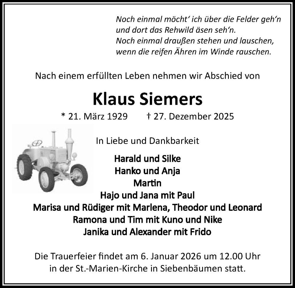  Traueranzeige für Klaus Siemers vom 03.01.2026 aus Lübecker Nachrichten